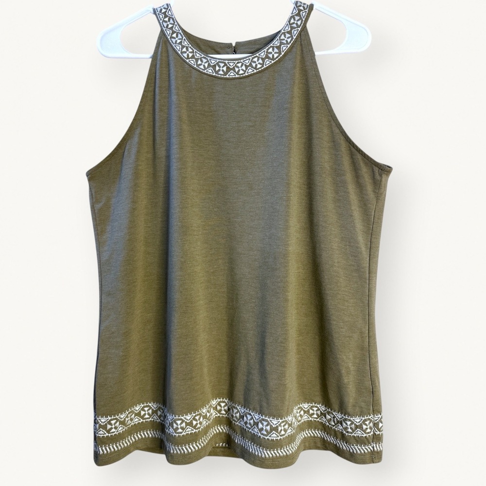 Adrianna Papell Womens L Olive Green White Embroidered Boho Sleeveless Tank